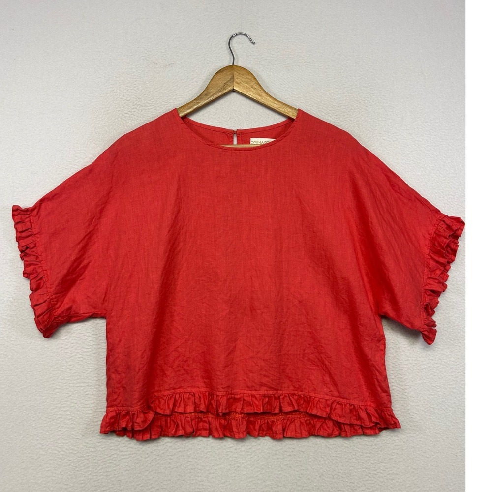 Coastal Boho Cynthia Rowley Womens Small Red 100% Linen Blouse Lagenlook
